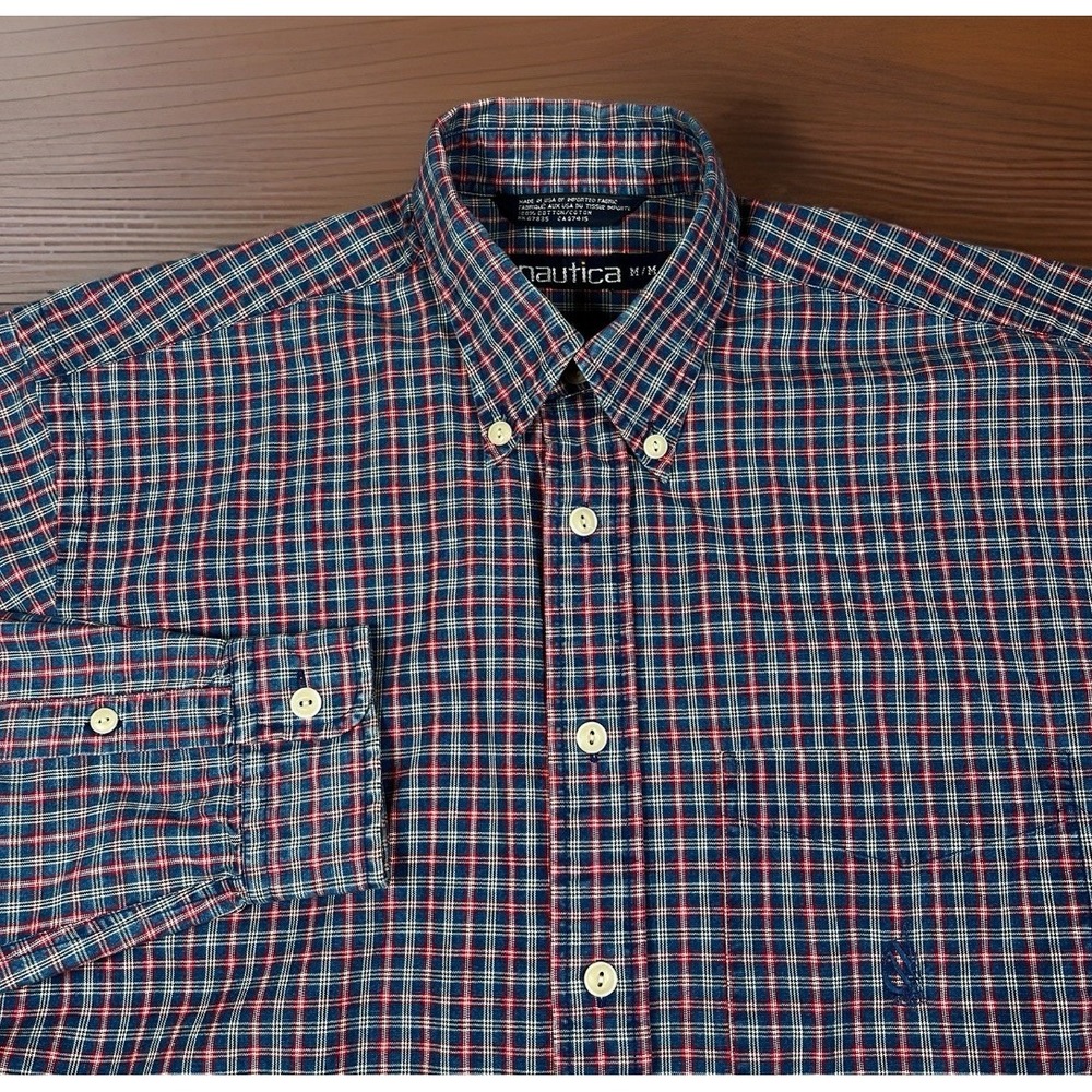 Vintage Nautica Button Down Shirt‎ Men M Check Made In USA Sail Logo-EUC
